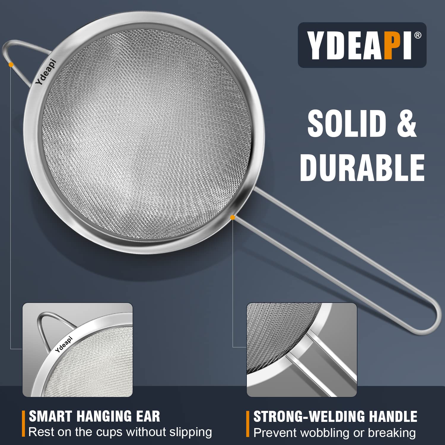 Ydeapi 6.3" Fine Mesh Strainer with Handle, Metal Food Strainers for Kitchen, Sieve Fine Mesh Stainless Steel for Rice, Quinoa, Pasta, Noodles