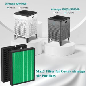 400/400S Replacement Air Filters Set for Coway AIRMEGA MAX2 400 400s 400(G) 400s(G) Purifier 2-in-1 of MAX 2 Green H13 True HEPA Filter and Activated Carbon Filter, 4 Pcs (2 Sets)