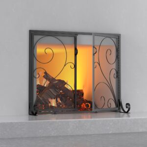 fire beauty fireplace screen with doors, handcrafted solid steel, heavy duty metal mesh, powder coat finish, spark guard