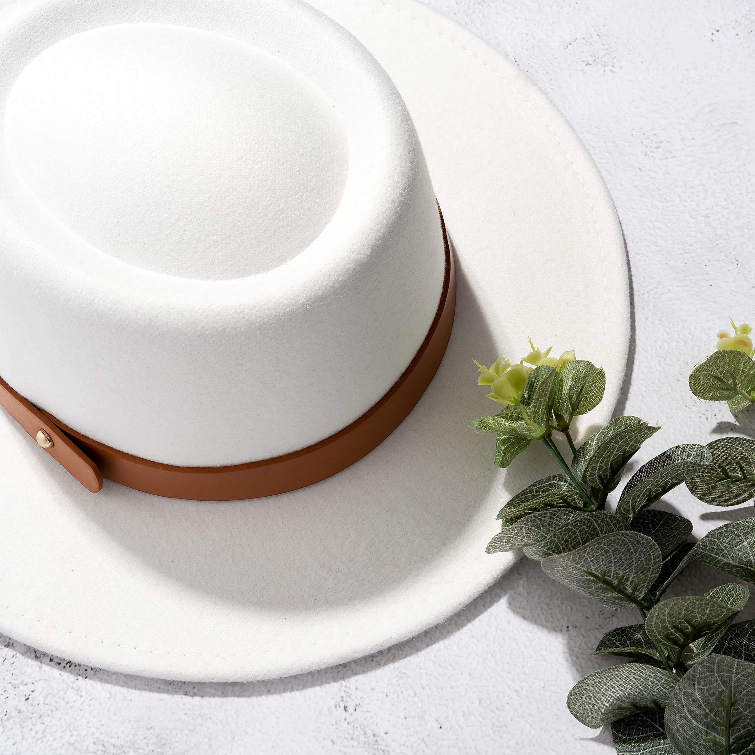 EOGIMI Lady Retro Wide Brim Fedora Floppy Pork Pie Hat with Belt Buckle White