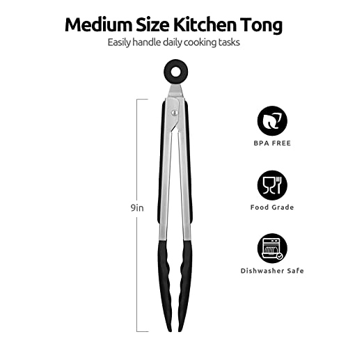 600ºF Heat Resistant Kitchen Tongs: U-Taste 9 inch Silicone Cooking Tong with Firm Sealed Non Stick Rubber Tips & Silicon Coated 18/8 Stainless Steel Handle & Smooth Locking for Serving Salad (Black)