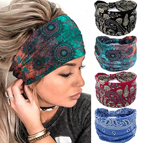 Acenail Boho Headbands Women Wide Head Bands Knotted Turban Headband Nonslip Elastic Hairbands Floral Hairband Workout Hair Scarfs Yoga Sweatbands Bohemian Head Wraps for Women 4Pcs(#5 Gorgeous)