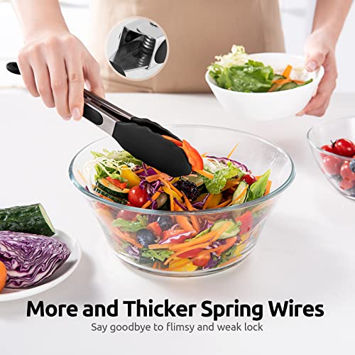 600ºF Heat Resistant Kitchen Tongs: U-Taste 9 inch Silicone Cooking Tong with Firm Sealed Non Stick Rubber Tips & Silicon Coated 18/8 Stainless Steel Handle & Smooth Locking for Serving Salad (Black)