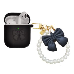 cute airpod case with bow keychain soft silicone skin butterfly knot kit portable shockproof protective cover for apple airpods 1 2 1st 2nd generation charging case fits for women girls kids (black)