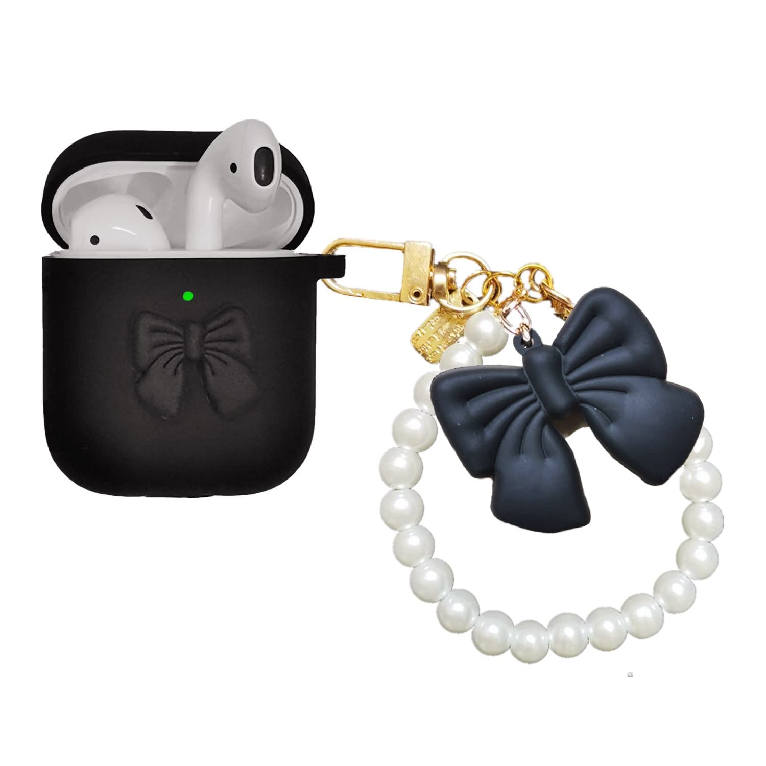 Cute AirPod Case with Bow Keychain Soft Silicone Skin Butterfly Knot Kit Portable Shockproof Protective Cover for Apple AirPods 1 2 1st 2nd Generation Charging Case Fits for Women Girls Kids (Black)