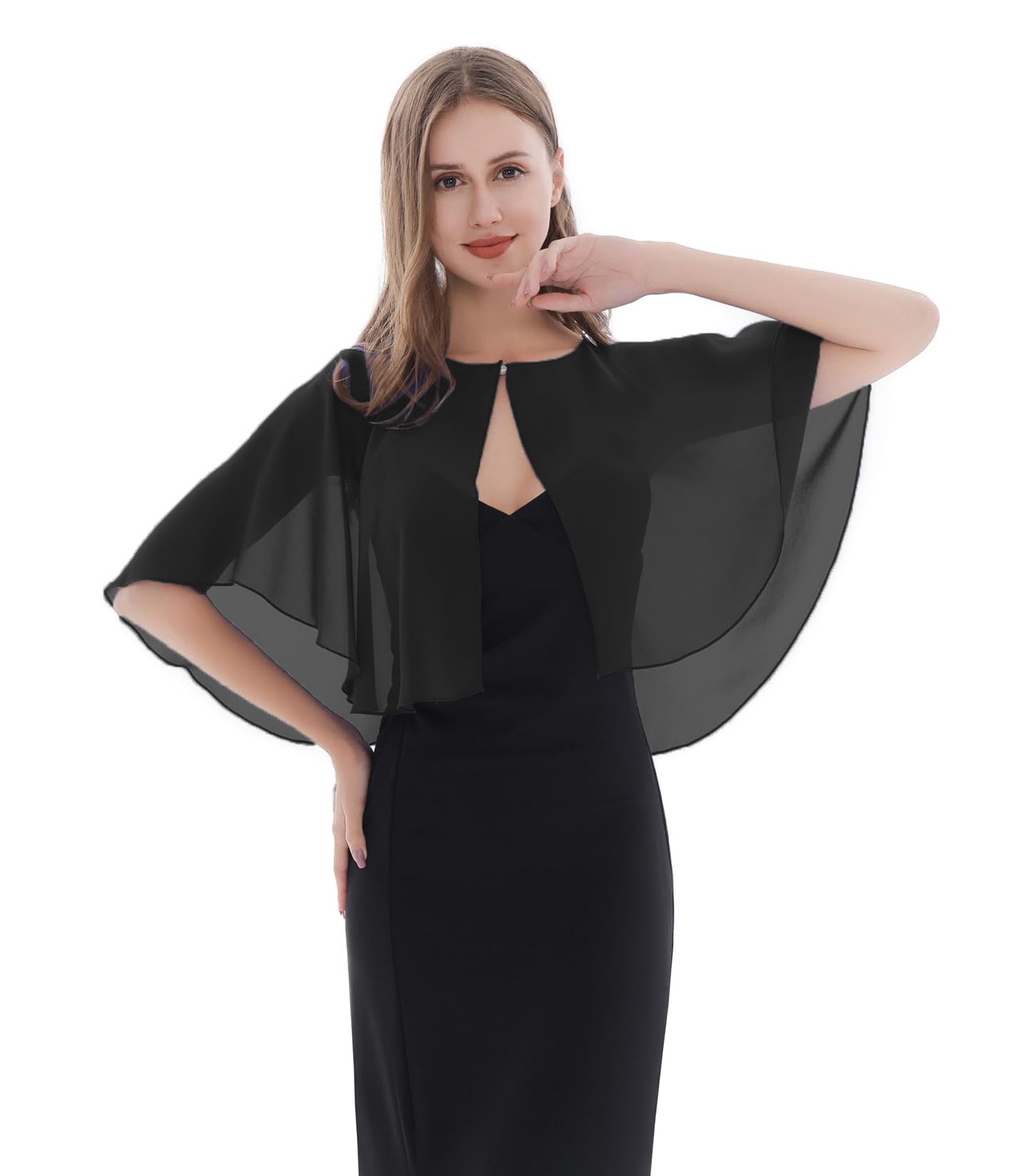 Baoqiya Chiffon Capelet Bridal Capes Soft Shawls and Wraps for Dresses Women Accessories(Black1)