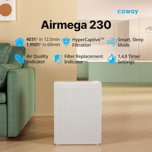 Coway Airmega 230 True HEPA Air Purifier with Air Quality Monitoring, Auto, and Filter Indicator, Dove White