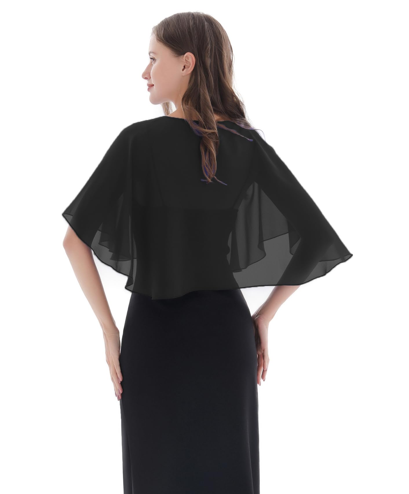 Baoqiya Chiffon Capelet Bridal Capes Soft Shawls and Wraps for Dresses Women Accessories(Black1)