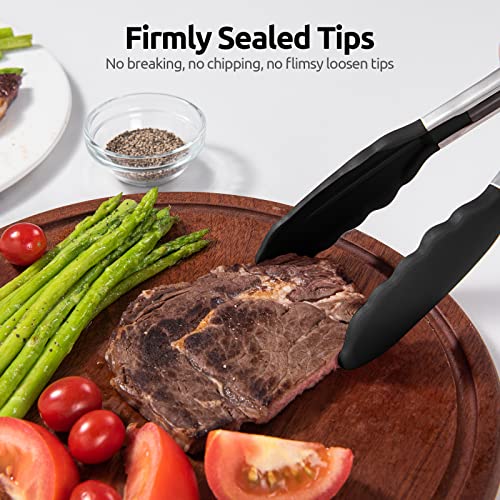 600ºF Heat Resistant Kitchen Tongs: U-Taste 9 inch Silicone Cooking Tong with Firm Sealed Non Stick Rubber Tips & Silicon Coated 18/8 Stainless Steel Handle & Smooth Locking for Serving Salad (Black)