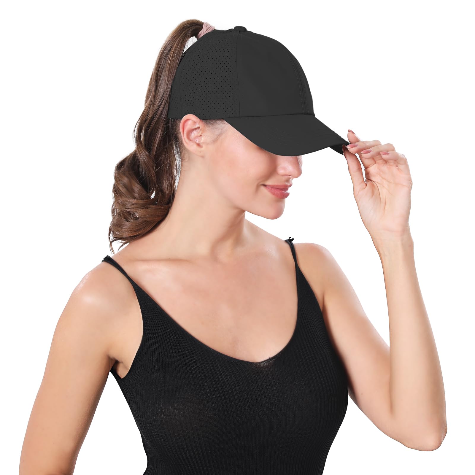 ZTL Women's High Ponytail Baseball Cap Performance Running Hat Quick Dry Mesh Sports Cap Adjustable Unstructured Dad Trucker Hats Black