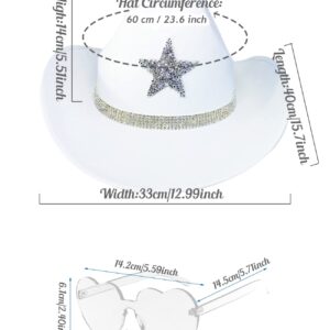 YBHOMINE White Cowgirl Hat with Heart Sunglasses - Cowboy Hat with Glitter Star Fits Women for Bachelorette Themed Party(Glitter Star)