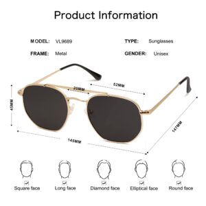 VANLINKER Retro Polarized Sunglasses for Women Men Vintage Shades UV400 Polygon Mirrored Lens VL9689 Gold Frame Grey Lenses