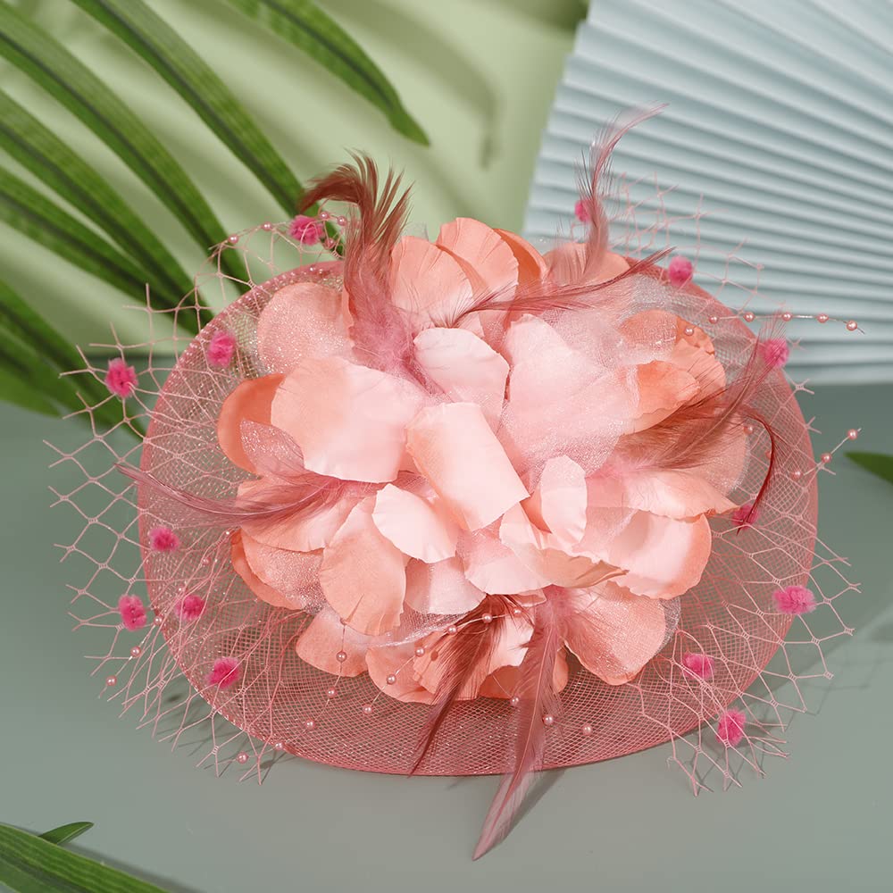 JWICOS Fascinators Hat for Women 50s Flower Hat with Veil Cocktail Wedding Tea Party Church Derby Hat (Coral)