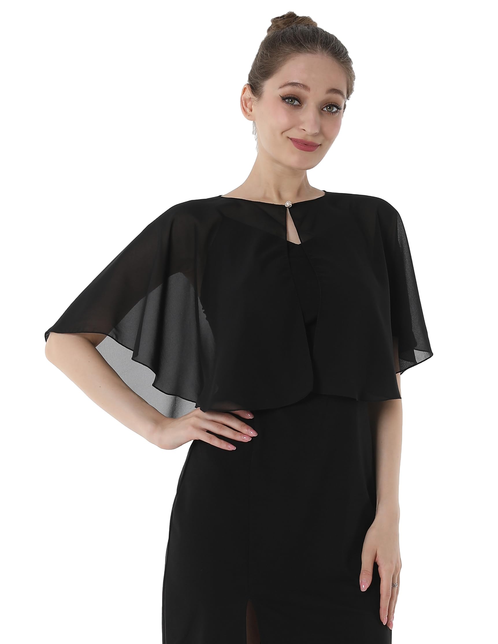 Baoqiya Chiffon Capelet Bridal Capes Soft Shawls and Wraps for Dresses Women Accessories(Black1)