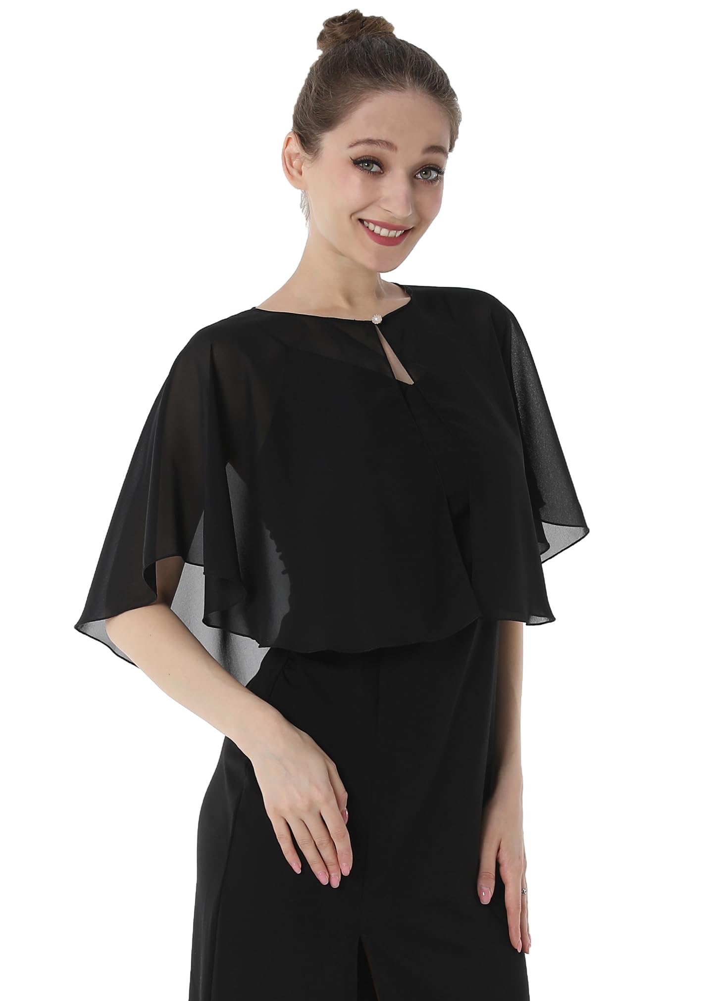 Baoqiya Chiffon Capelet Bridal Capes Soft Shawls and Wraps for Dresses Women Accessories(Black1)