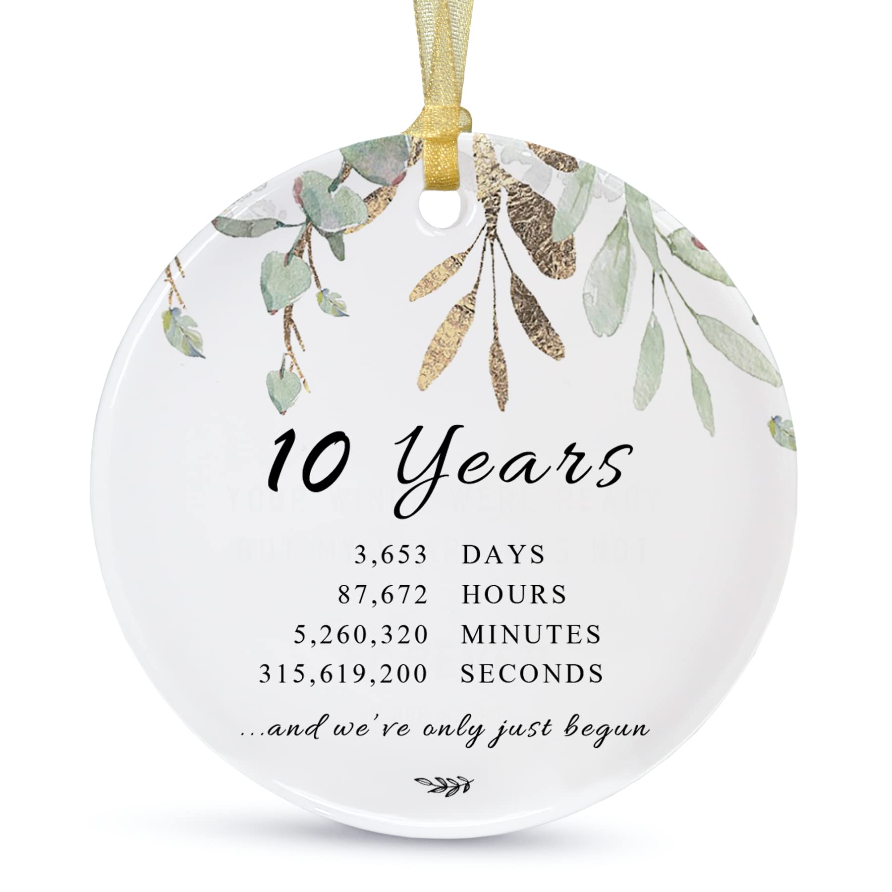 10 Years Anniversary Christmas Ornament, 10th for Couple, Ten Years Married Ceramic Ornament for Decorating Home Weddings,with Card and Gift Box (2.9") (10th-Classic Green Leaf)