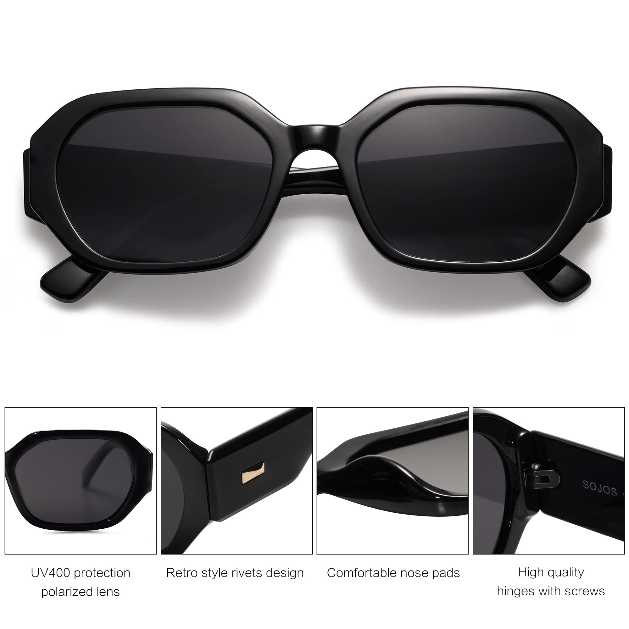 SOJOS Polarized Sunglasses For Women Retro Rectangle Womens Sun Glasses Trendy Narrow Square 90s Shades SJ2232 Black Grey Lens