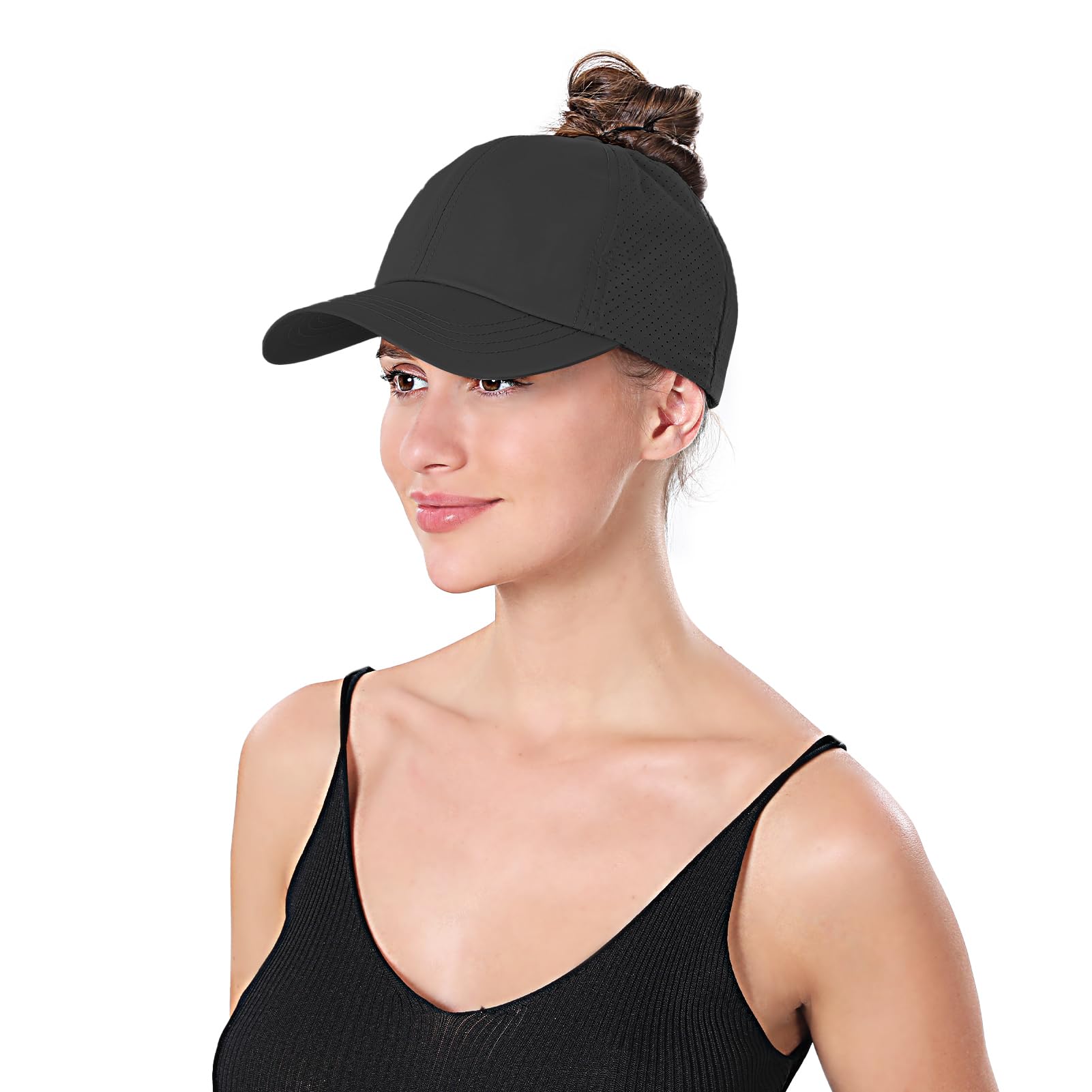 ZTL Women's High Ponytail Baseball Cap Performance Running Hat Quick Dry Mesh Sports Cap Adjustable Unstructured Dad Trucker Hats Black