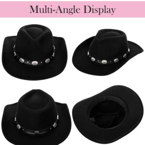 Classic Western Cowboy Hat for Women and Men Roll Up Wide Brim Felt Fedora Hats Cowgirl Hat with Belt Buckle Black