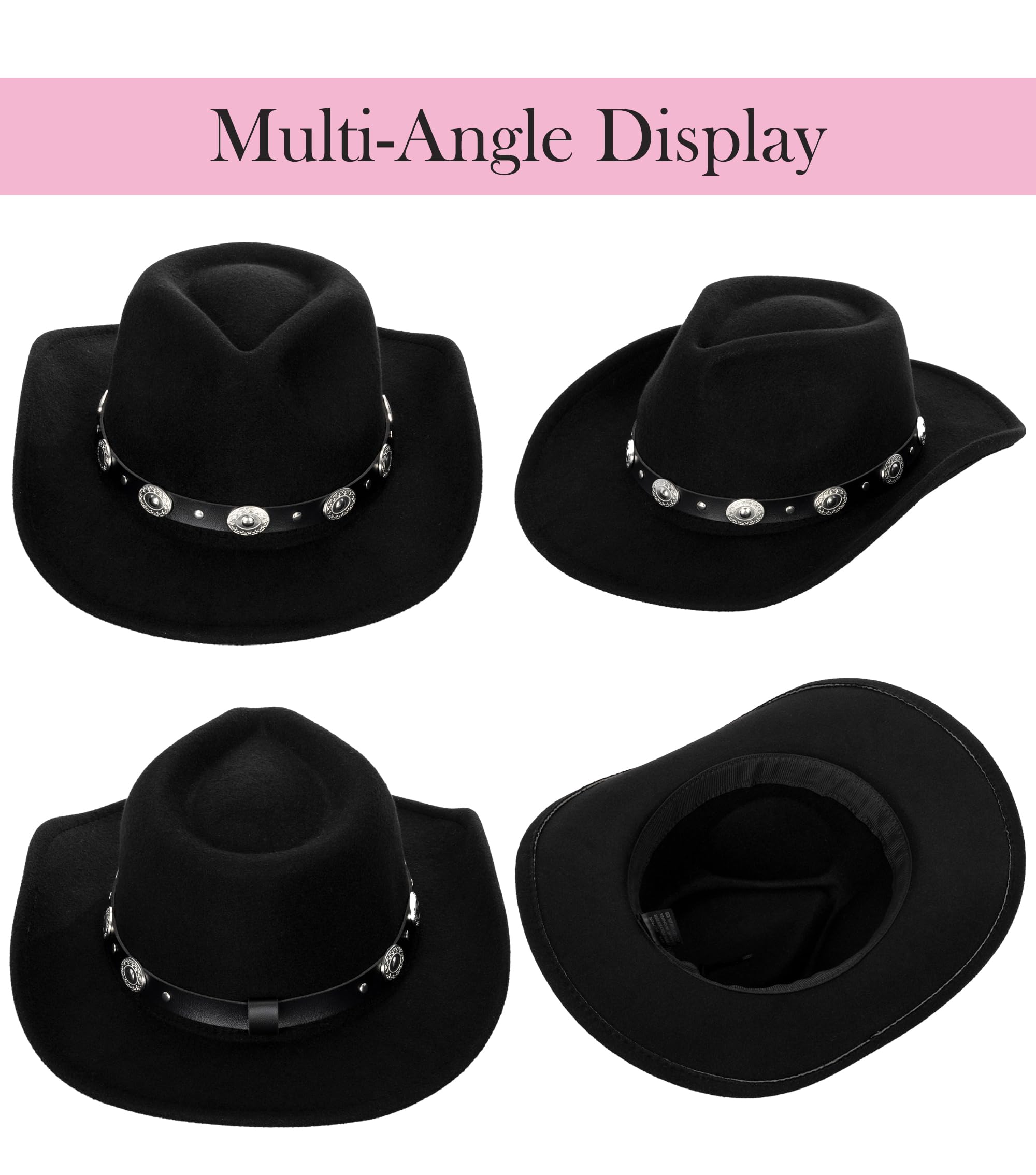 Classic Western Cowboy Hat for Women and Men Roll Up Wide Brim Felt Fedora Hats Cowgirl Hat with Belt Buckle Black