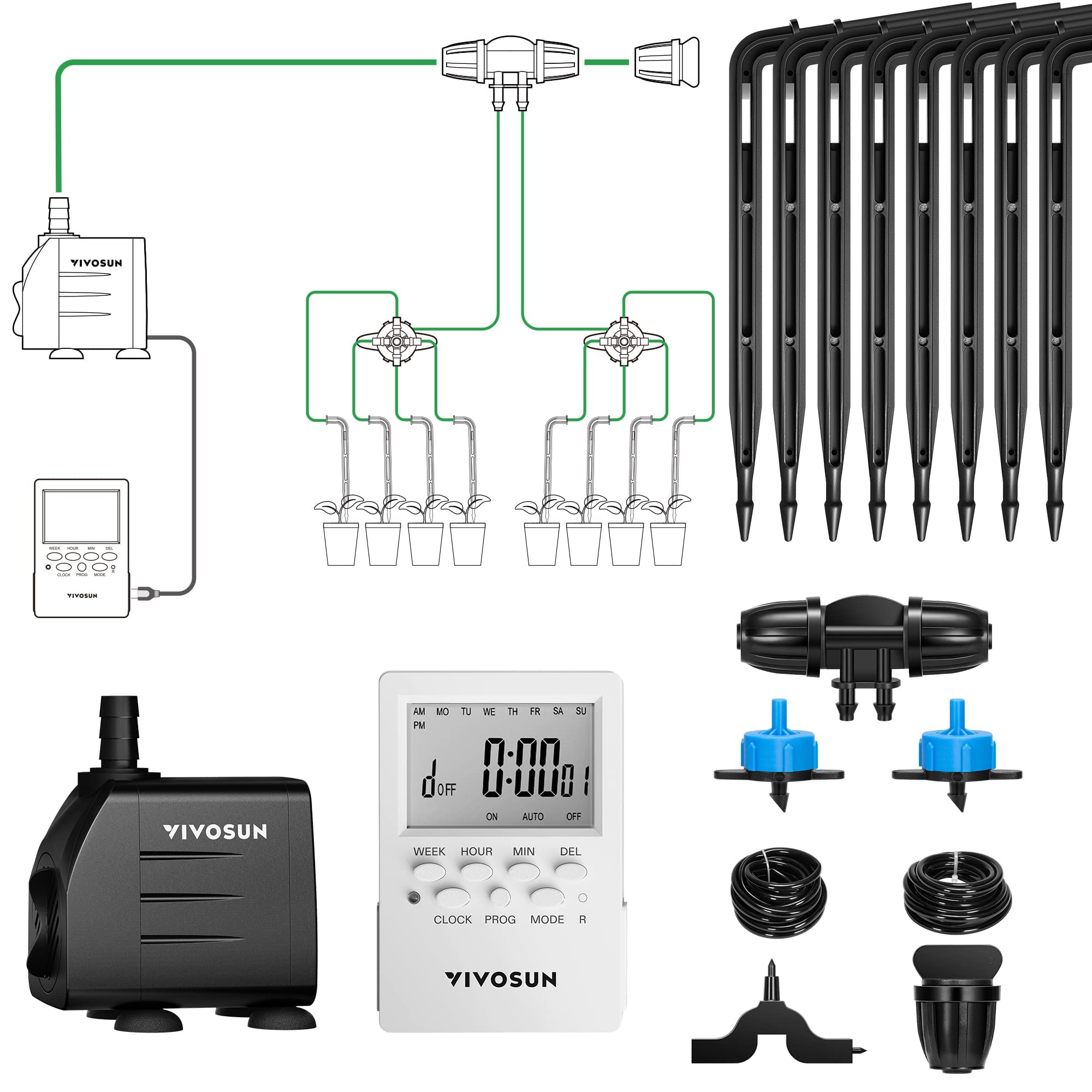 VIVOSUN Professional Automatic Drip Irrigation Kits, 15W Output, All in One Professional Grow Kit- Includes Pump, Timer and Regulator, 8 Drip Emitters Garden Plant Watering System Indoor Outdoor