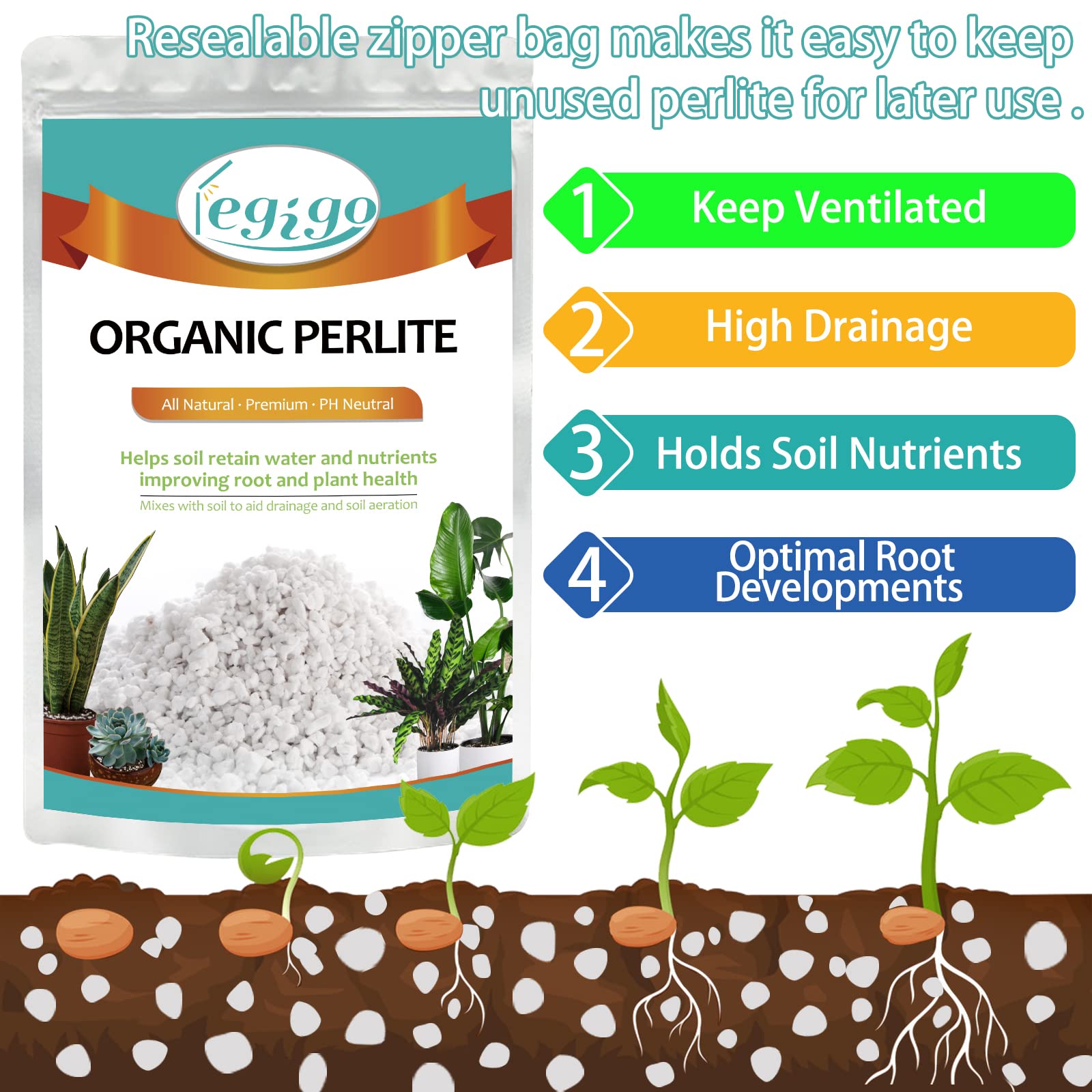 Legigo 2 Quarts Organic Horticultural Perlite for Plants Indoor- Natural Horticultural Soil Additive Conditioner Mix for Improves Drainage, Ventilation and Root Growth