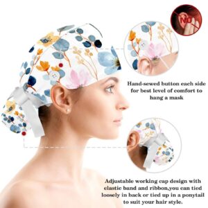 Adjustable Floral Design Scrub Cap, Working Hat Hair Cover with Ponytail Pouch, Soft Bouffant Surgical Nurse Cap