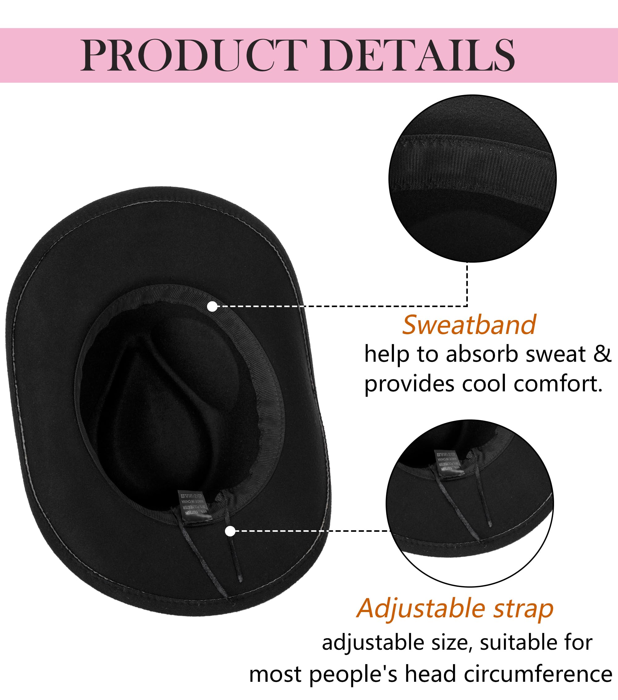 Classic Western Cowboy Hat for Women and Men Roll Up Wide Brim Felt Fedora Hats Cowgirl Hat with Belt Buckle Black