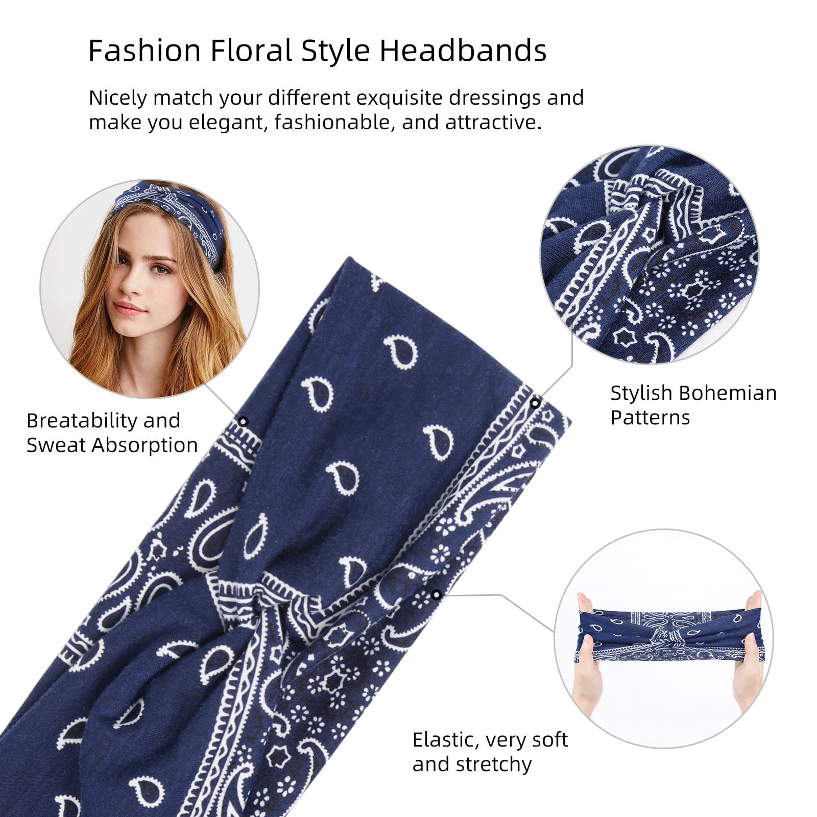 AKTVSHOW Headbands for Women Knotted Headband Elastic Head Bands Women's Hair Band Non-Slip Turban Printed Stylish Sport Sweat Hair Wrap for Girls Cute Hair Accessories 4PCS