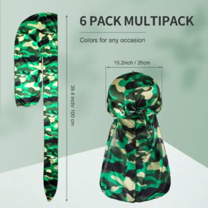 6 Pcs Durags for Men Silky Camouflage Durag Cap with Long Tail and Wide Straps Colorful 360 Waves Doo Rags Durag Du Rag Cap for Men and Women Hip Hop Rapper