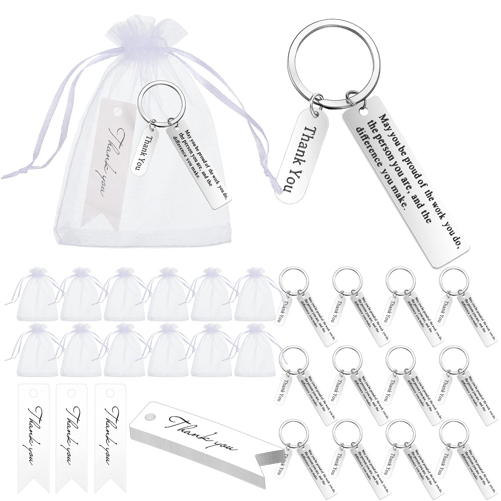 Yinkin 36 Pcs Employee Appreciation Gift Thank You Keychains Thank You Cards and Organza Bags for Coworker Teacher(Silver)