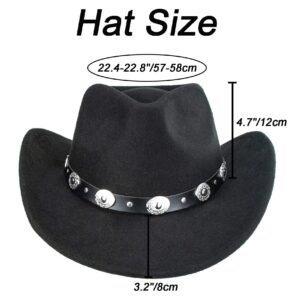 Classic Western Cowboy Hat for Women and Men Roll Up Wide Brim Felt Fedora Hats Cowgirl Hat with Belt Buckle Black