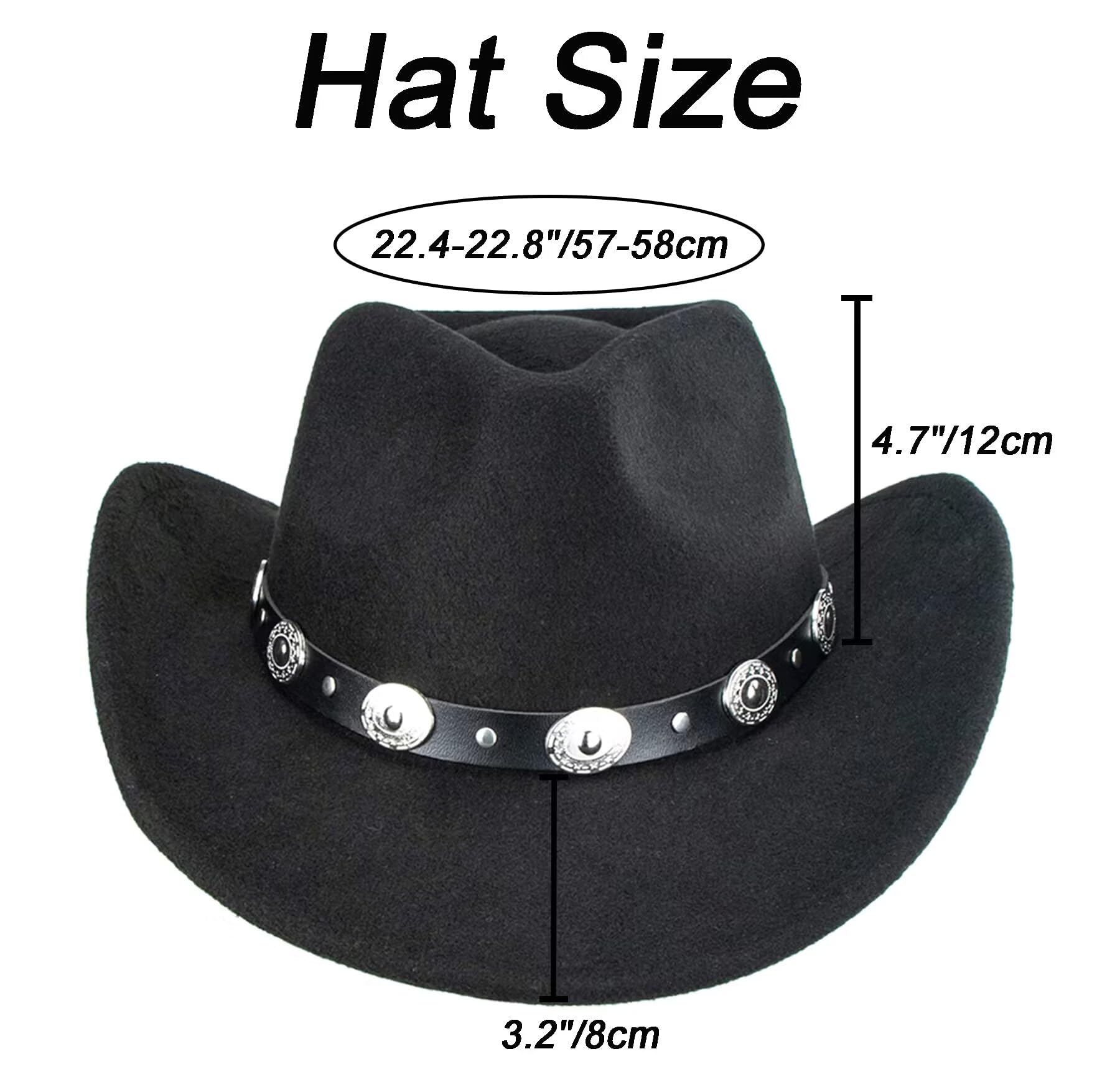 Classic Western Cowboy Hat for Women and Men Roll Up Wide Brim Felt Fedora Hats Cowgirl Hat with Belt Buckle Black