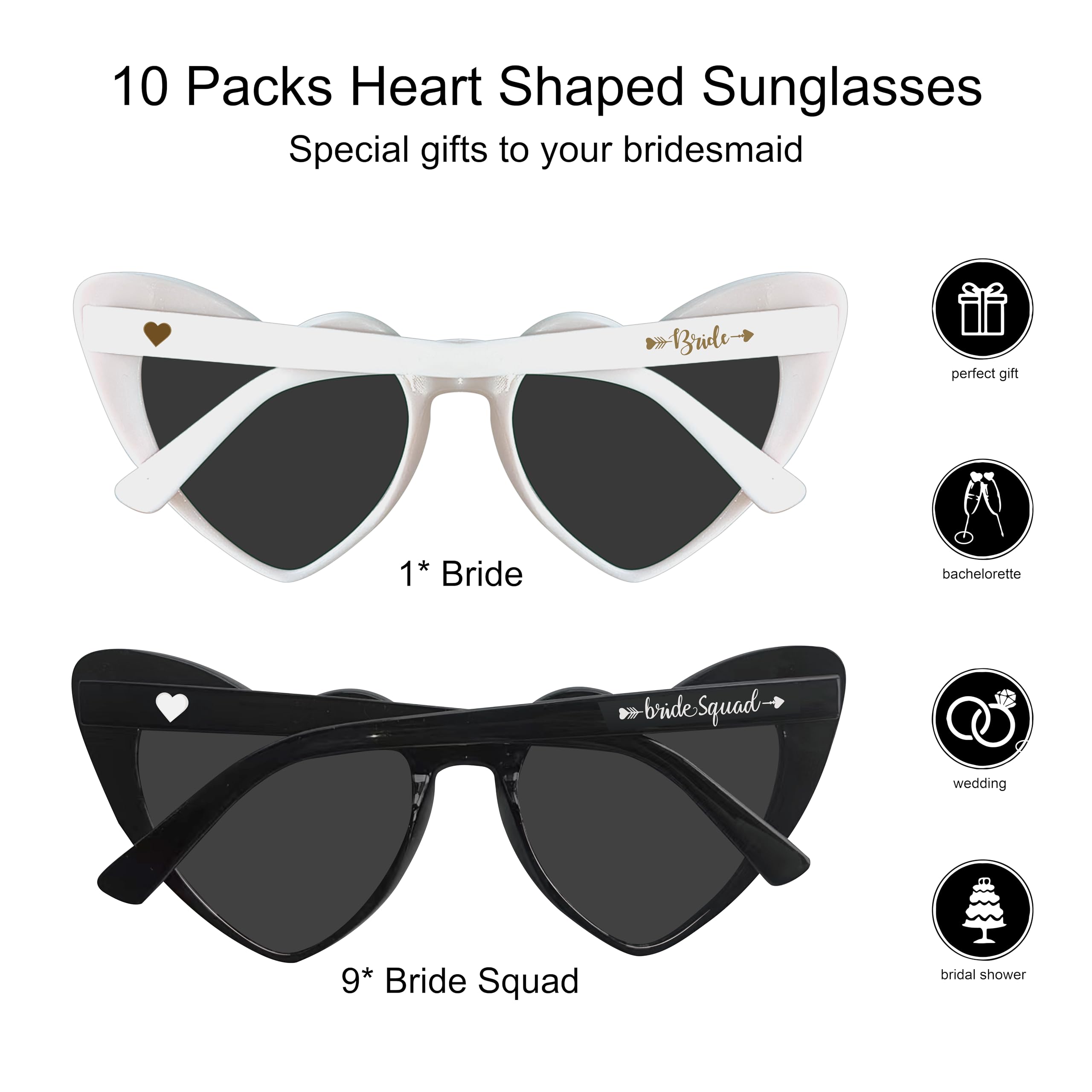 PartyGifts&beyond Bachelorette Sunglasses Heart Sunglasses 10 Packs Bride Squad and Bride Sunglasses for Bachelorette Party Wedding Bridesmaid Gifts(Black)