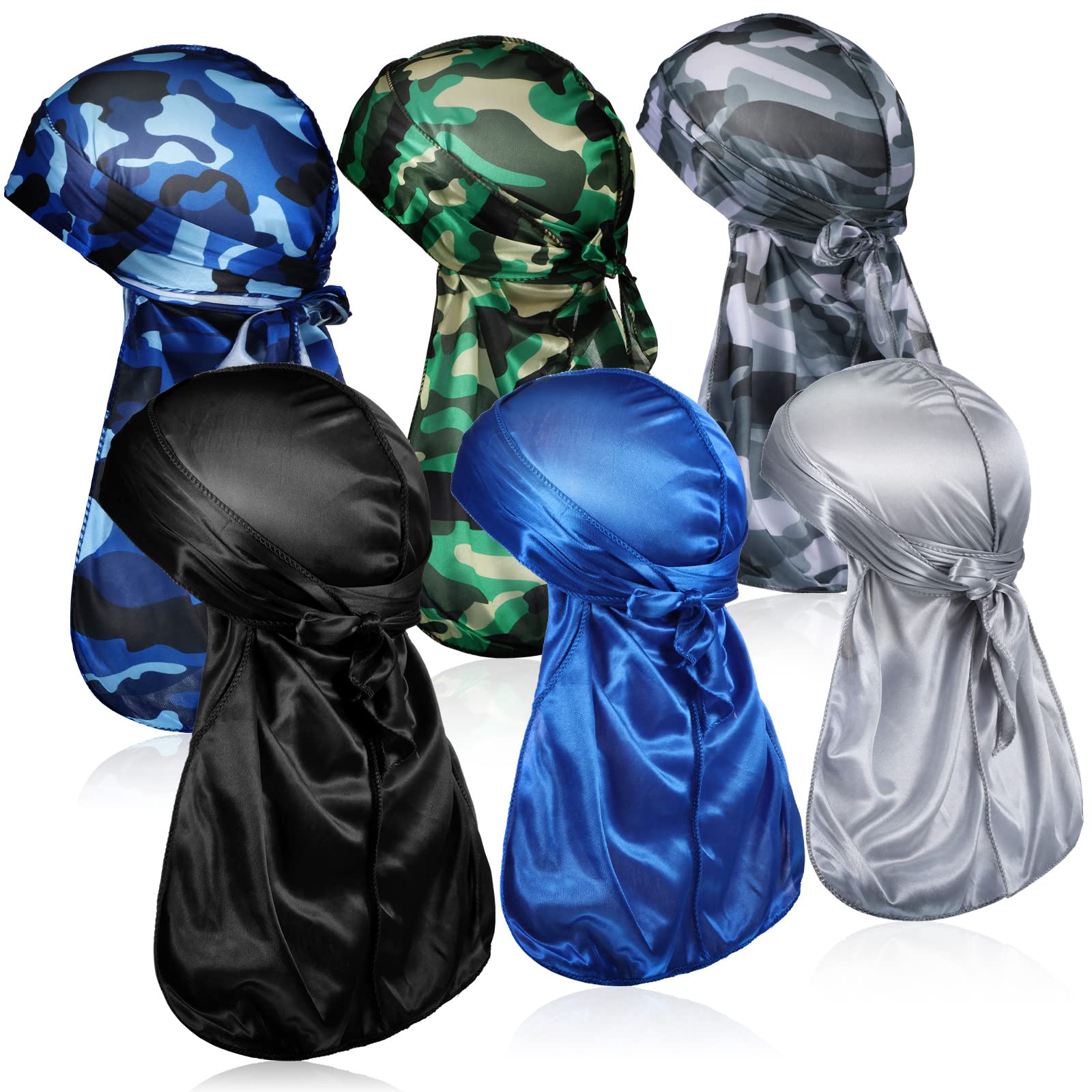 6 Pcs Durags for Men Silky Camouflage Durag Cap with Long Tail and Wide Straps Colorful 360 Waves Doo Rags Durag Du Rag Cap for Men and Women Hip Hop Rapper