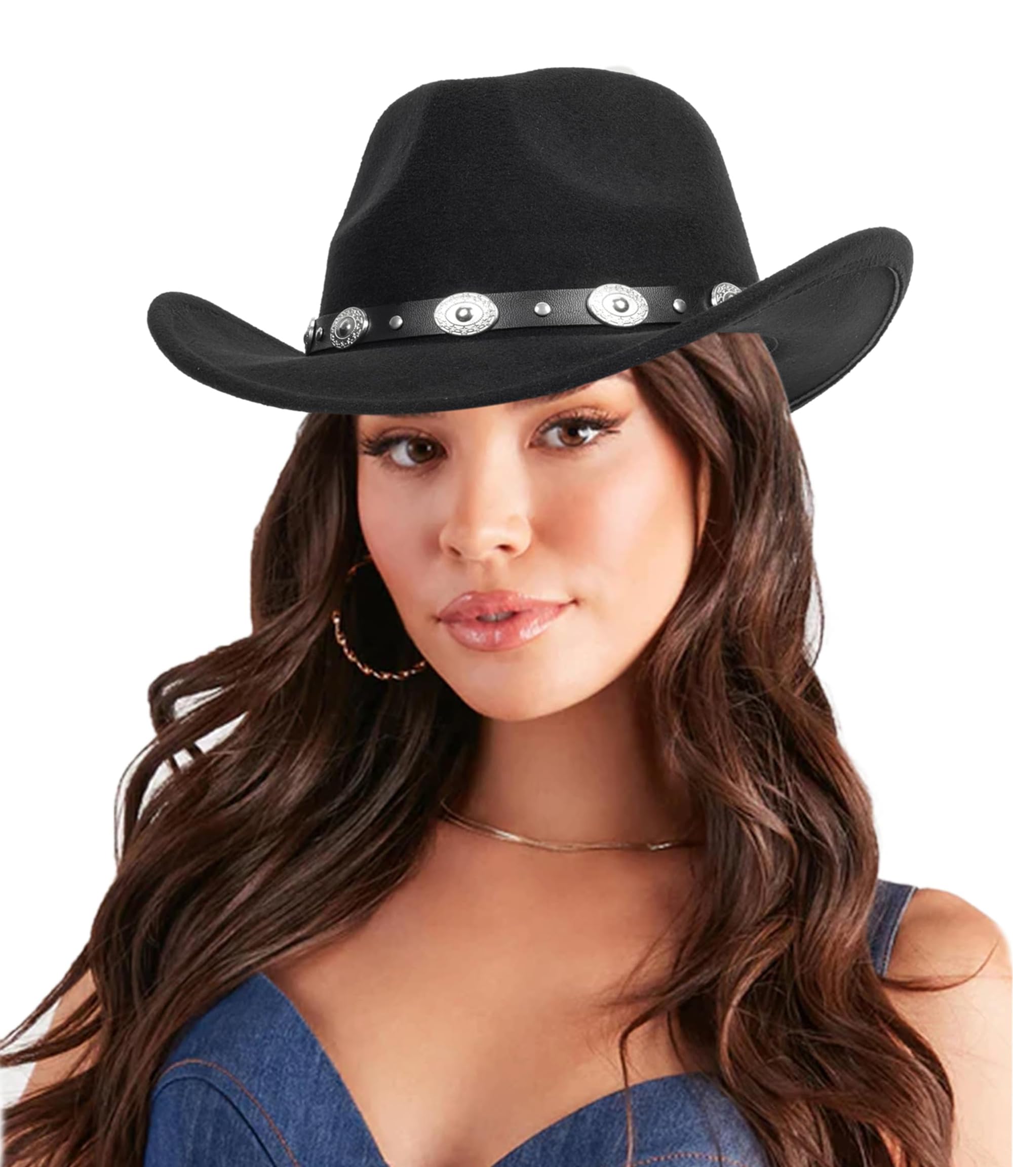 Classic Western Cowboy Hat for Women and Men Roll Up Wide Brim Felt Fedora Hats Cowgirl Hat with Belt Buckle Black