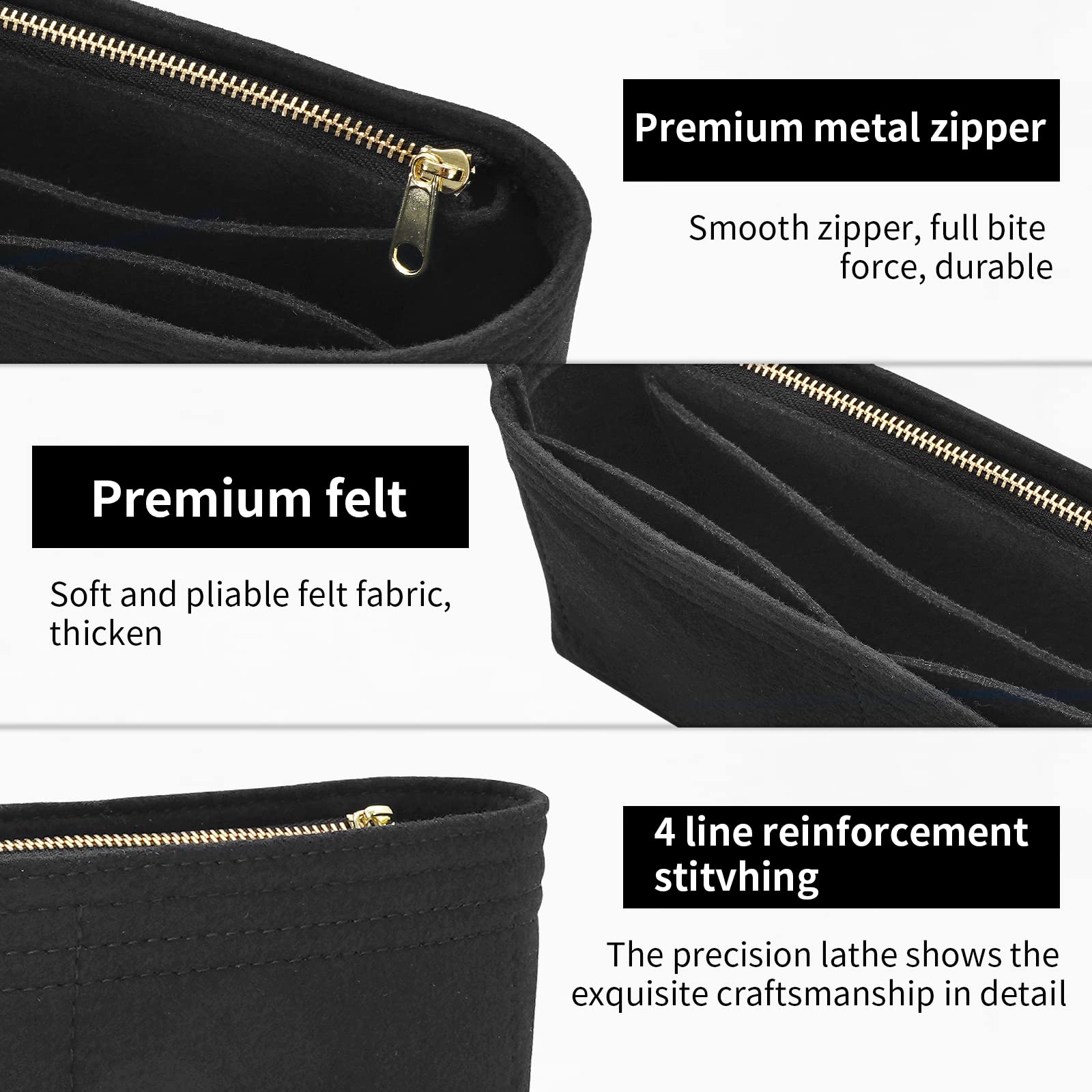 LOUKAYCCI Felt Insert Purse Organizer with Zipper fit GG Marmont Matelasse Shoulder Bag, Organizer Handbag Tote Liner Pouch for Women Inner Bladder Bag Storage Bag (Small, Black)