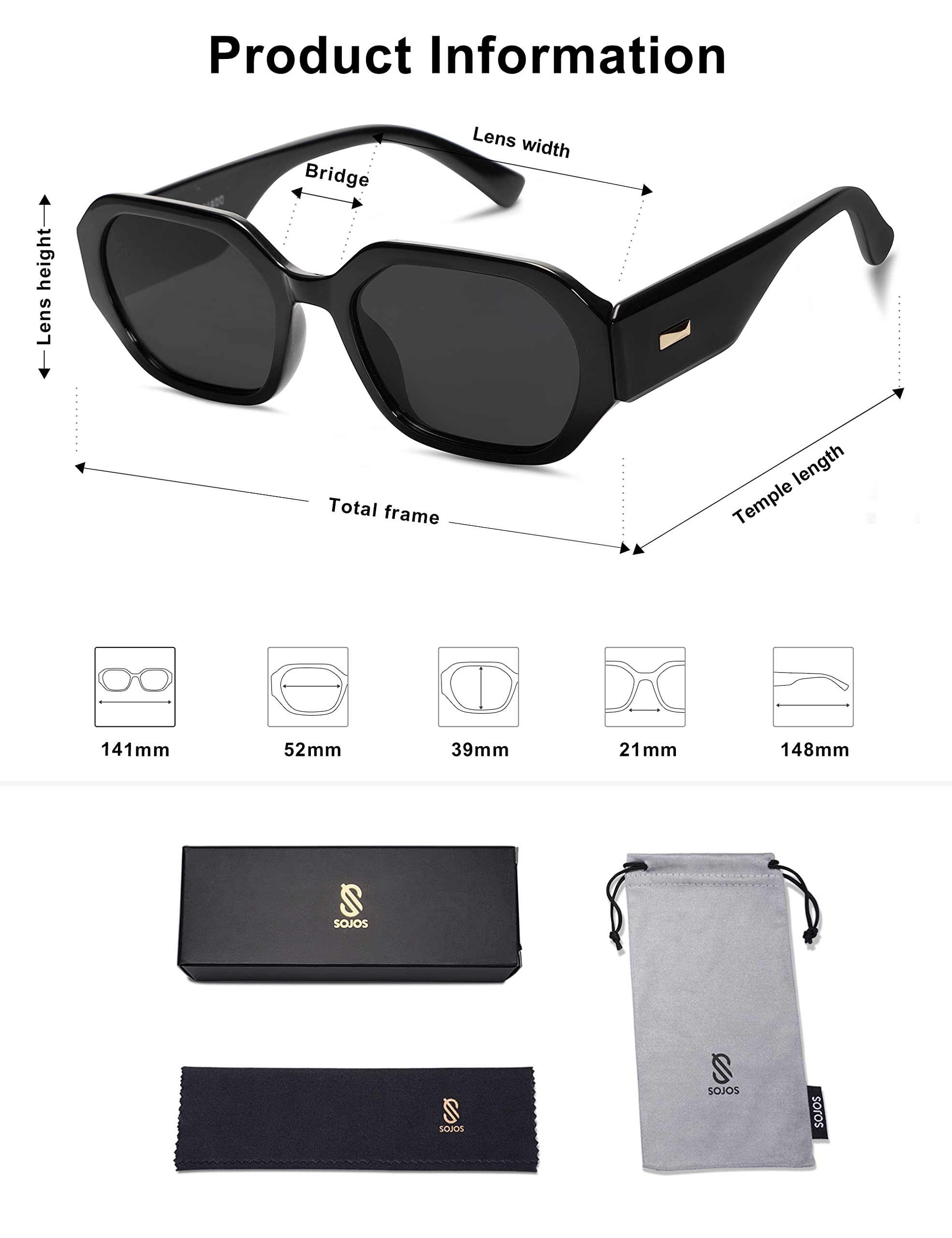 SOJOS Polarized Sunglasses For Women Retro Rectangle Womens Sun Glasses Trendy Narrow Square 90s Shades SJ2232 Black Grey Lens