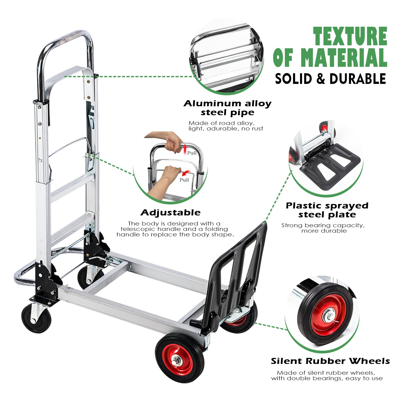 Convertible Hand Truck & Dolly Cart Heavy Duty Aluminum Hand Truck 2 in 1 Folding Multi-Cart Pneumatic Wheels, 400 lbs Load Capacity, Multi-Position Dolly Platform Cart