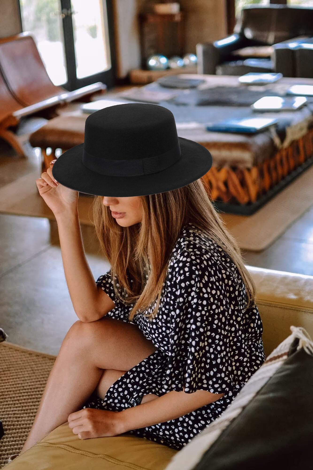 Women-Pork-Pie-Wide-Brim-Hat - Wide-Brim-Fedora-Hat with Band-Lady-PanamaHats Trilby-Cap-Autumn-Winter-Black