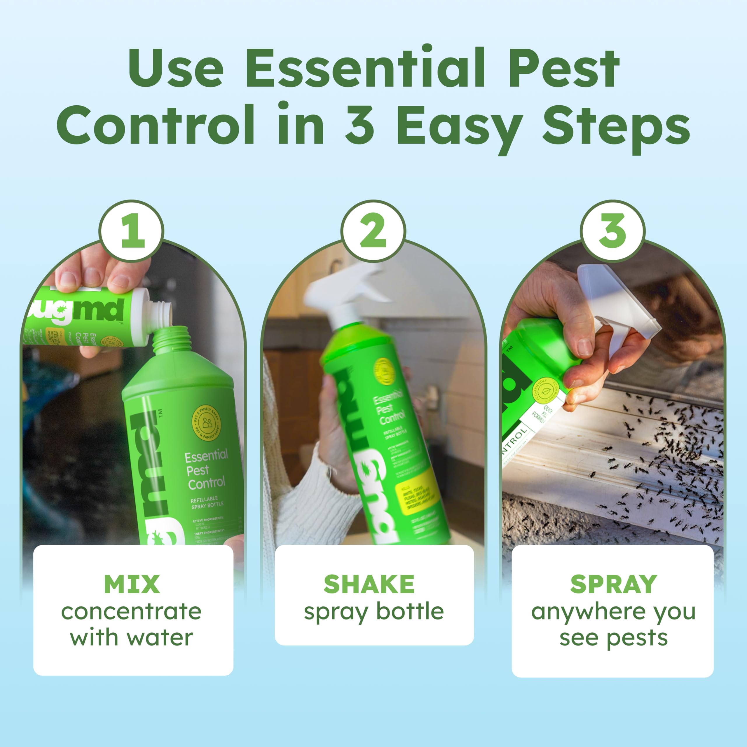 BugMD Ant Killer & Bug Spray - Roach and Cockroach Killer Indoor, Spider and Flea Spray for Home, Fly and Insect Defense, Natural, Safe with Essential Oils, Plant-Powered, Pest Control - Starter Kit