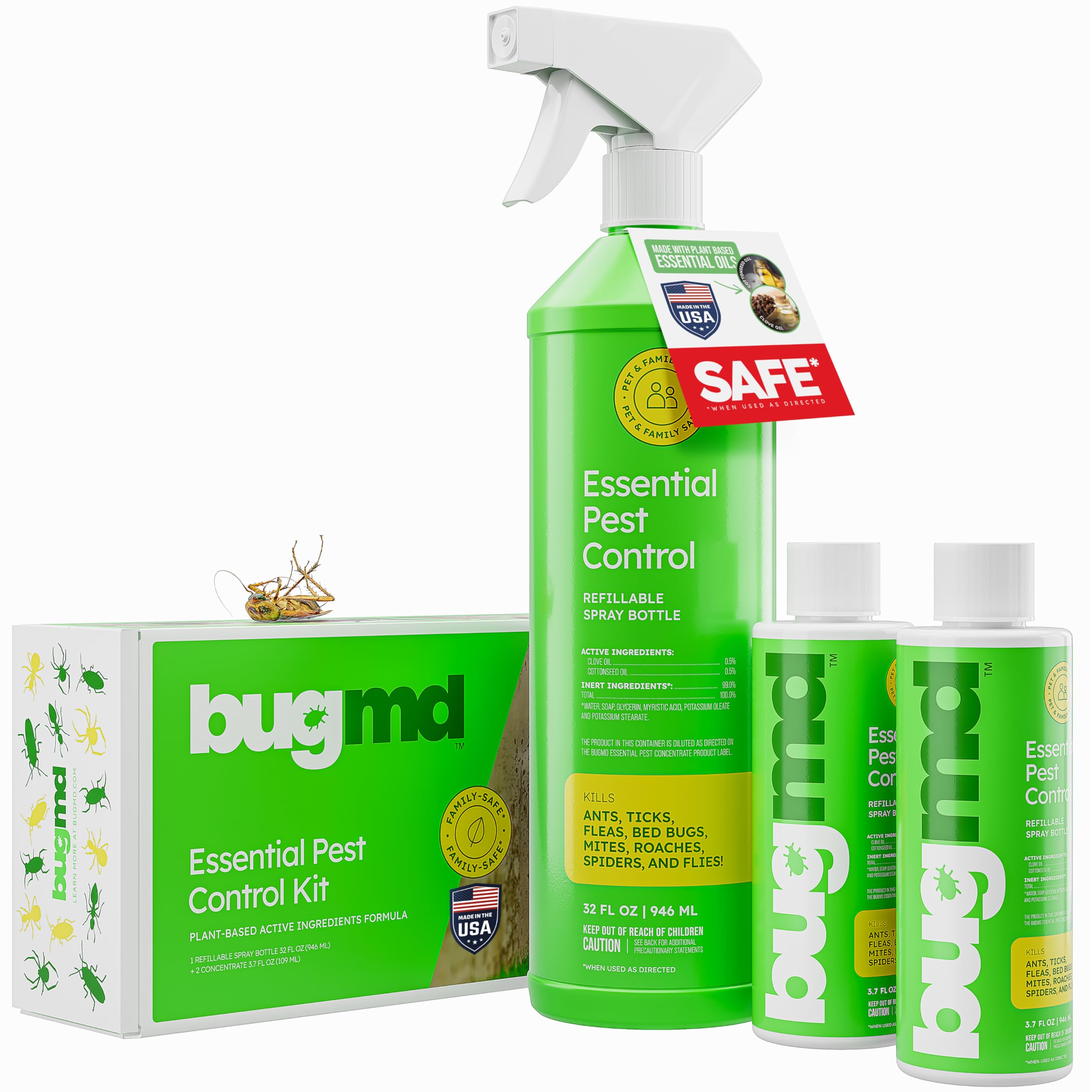 BugMD Ant Killer & Bug Spray - Roach and Cockroach Killer Indoor, Spider and Flea Spray for Home, Fly and Insect Defense, Natural, Safe with Essential Oils, Plant-Powered, Pest Control - Starter Kit