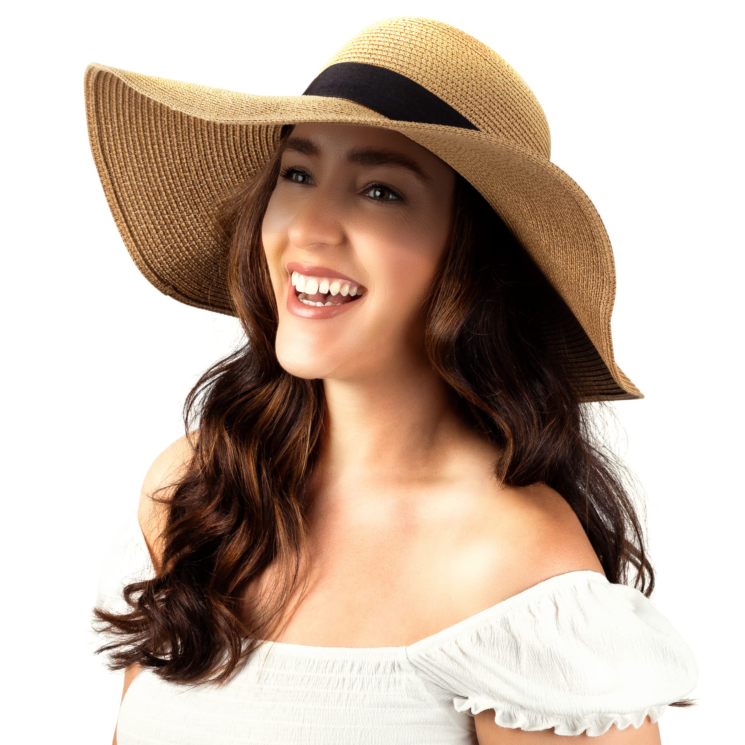 Women Floppy Sun Hat with Wide Brim—Foldable Roll-Up Straw Beach Hat UPF 50 Khaki