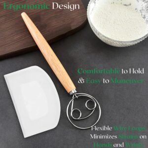 13 Inch Danish Dough Whisk with Dough Scraper, Dutch Bread Whisk with Stainless Steel Dough Hook, Sourdough Whisk for Baking, Danish Whisk for Dough, Dutch Whisk for Dough, Bread Whisking Tool