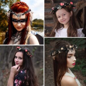 MOSTORY Handmade Black Flower Crown Fairy Floral Headpiece Woodland Elf Headband Gothic Hair Wreath for Women Girls Renaissance Halloween Cosplay Accessory