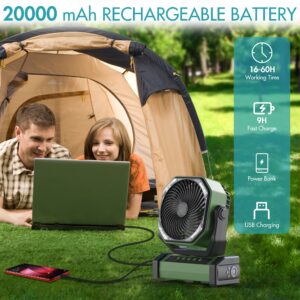 KITWLEMEN 20000mAh Camping Fan with LED Light, Auto-Oscillating Desk Fan with Remote & Hanging Hook, Rechargeable Battery Operated Tent Fan, 4 Timers USB Fan for Camping Jobsite Hurricane Emergency