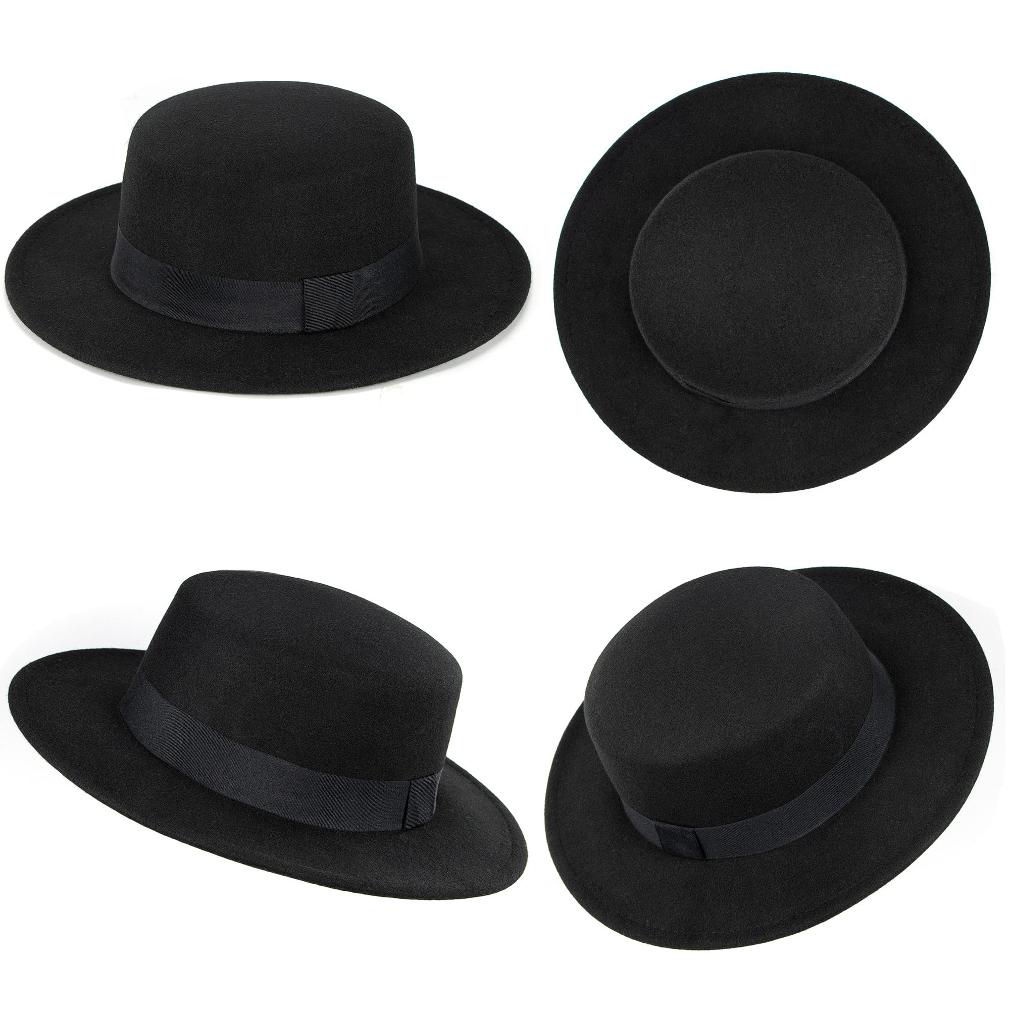 Women-Pork-Pie-Wide-Brim-Hat - Wide-Brim-Fedora-Hat with Band-Lady-PanamaHats Trilby-Cap-Autumn-Winter-Black