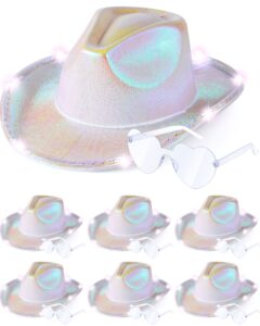 jecery 12 pcs light holographic space cowgirl hat and heart shape sunglasses led rave cowboy hat rimless heart sunglasses for teens adult party, white