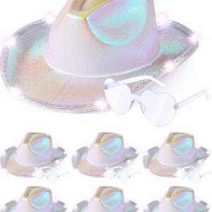 Jecery 12 Pcs Light Holographic Space Cowgirl Hat and Heart Shape Sunglasses LED Rave Cowboy Hat Rimless Heart Sunglasses for Teens Adult Party, White