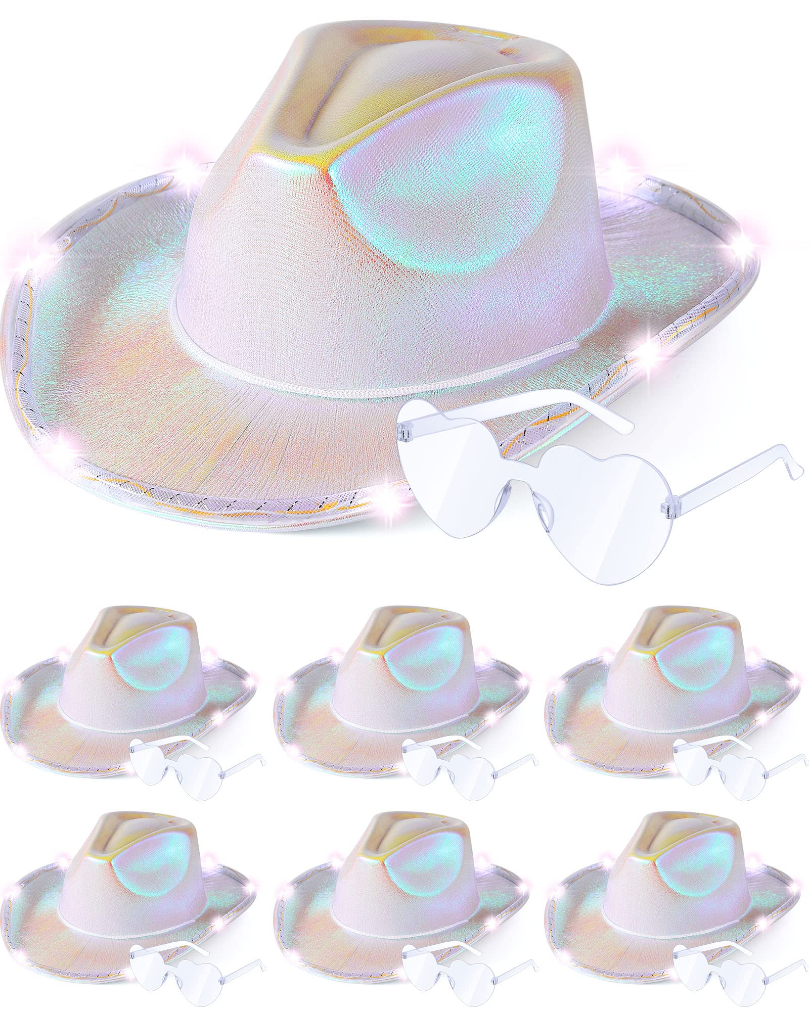 Jecery 12 Pcs Light Holographic Space Cowgirl Hat and Heart Shape Sunglasses LED Rave Cowboy Hat Rimless Heart Sunglasses for Teens Adult Party, White